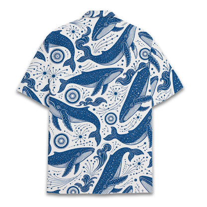 Back view of the white whales hawaiian shirt showing the celestial elements and wave pattern