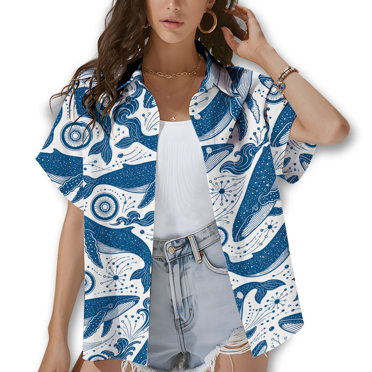 White whales hawaiian shirt with blue whale and wave illustrations, front view