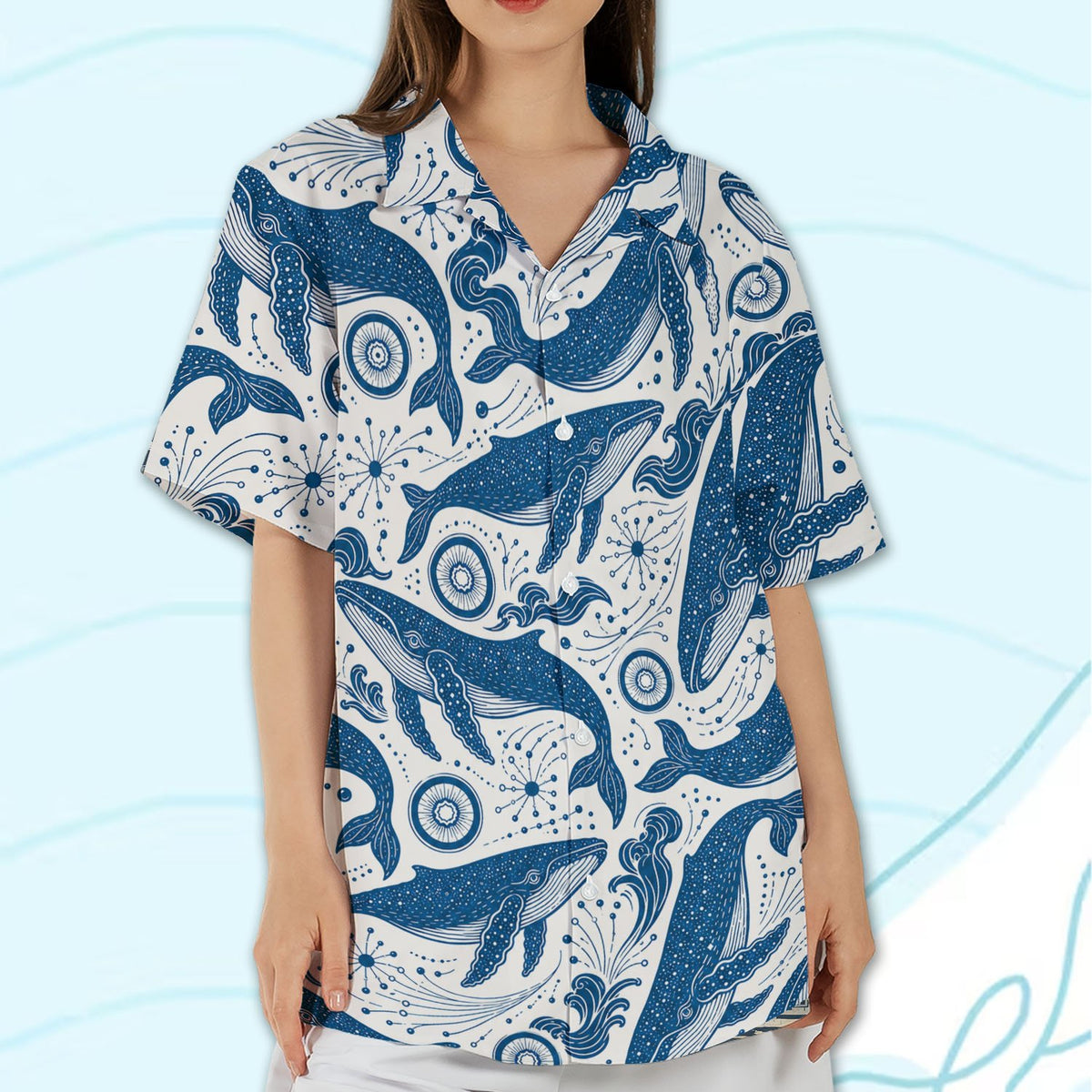 Fifth lifestyle view of the family matching outfits featuring blue whales