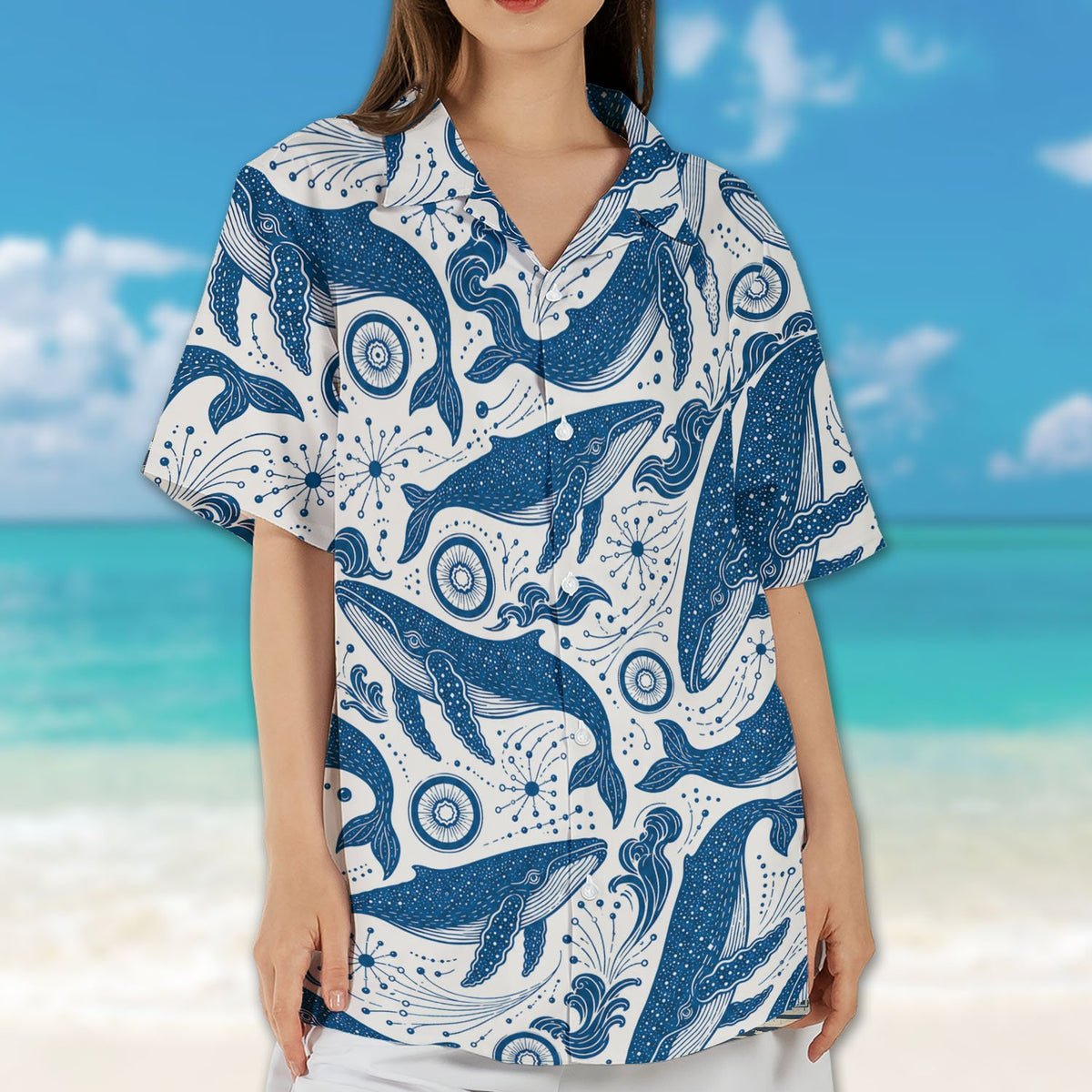 Sixth lifestyle view of the white whales hawaiian shirt on a sunny day