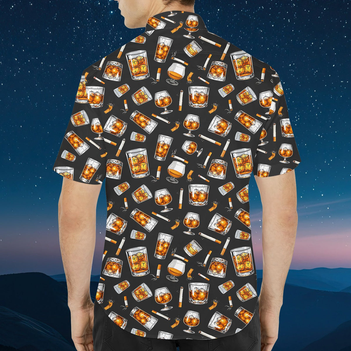 Back view of the whiskey and cigarettes hawaiian shirt