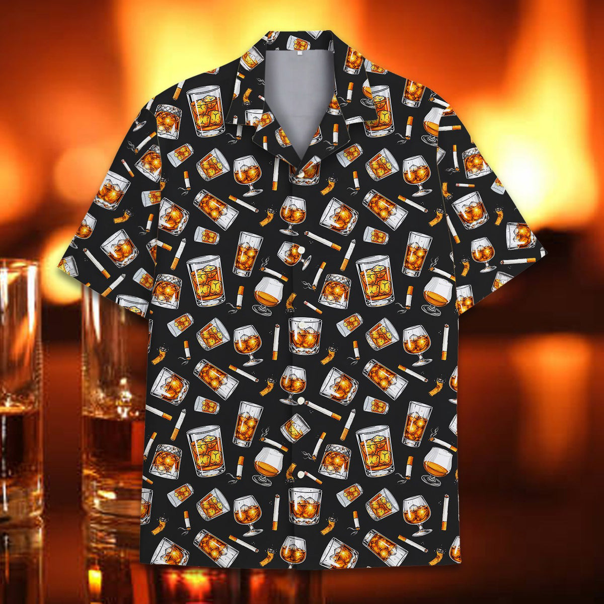 Detailed front view of the whiskey and cigarettes pattern