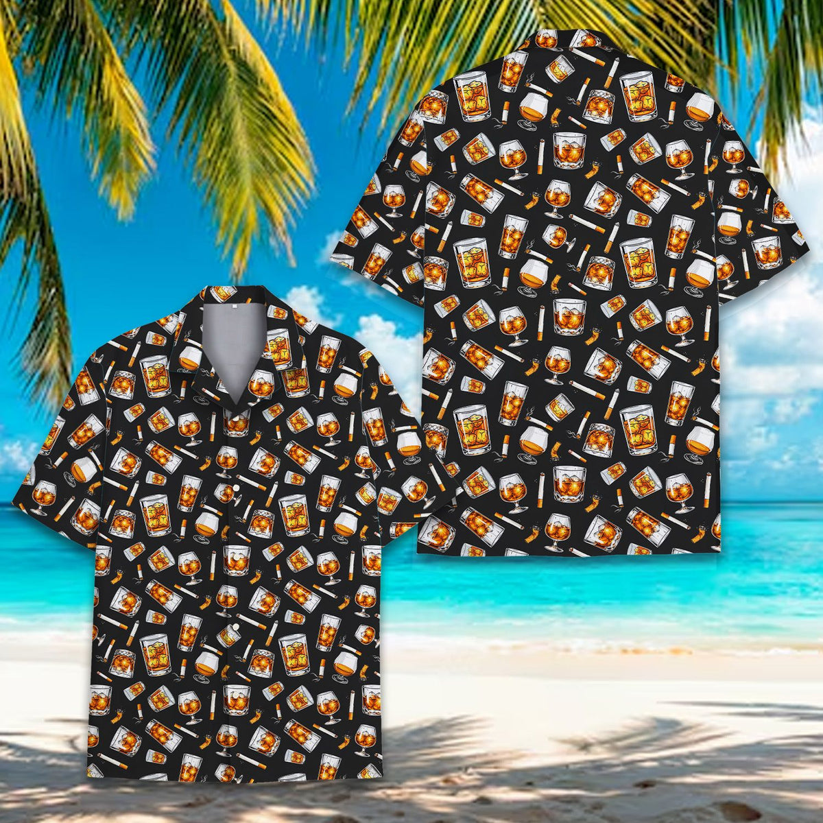 Main view of the whiskey and cigarettes hawaiian shirt featuring a black background