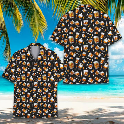 Front view of the black whiskey and cigarettes hawaiian shirt
