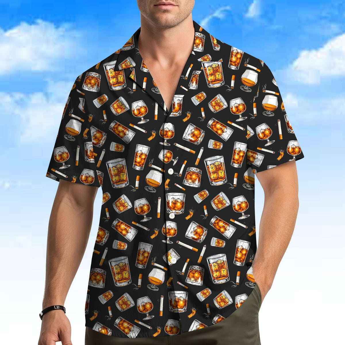 Third lifestyle view showing the black whiskey hawaiian shirt