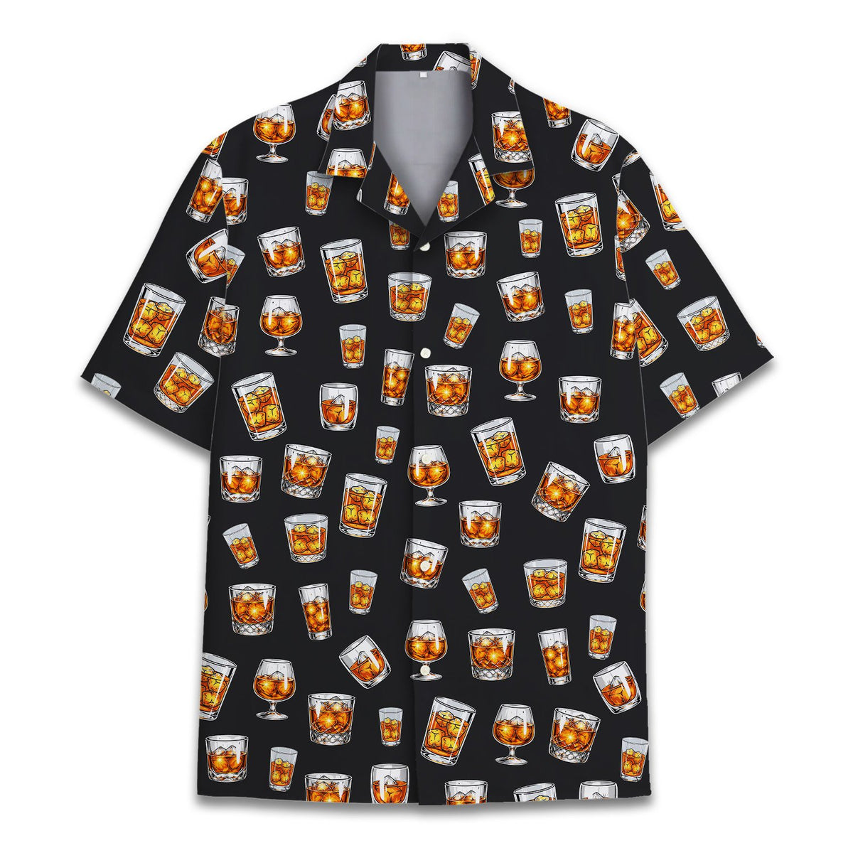 Front view of the black whiskey hawaiian shirt