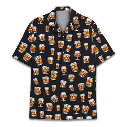 Front view of the black whiskey hawaiian shirt
