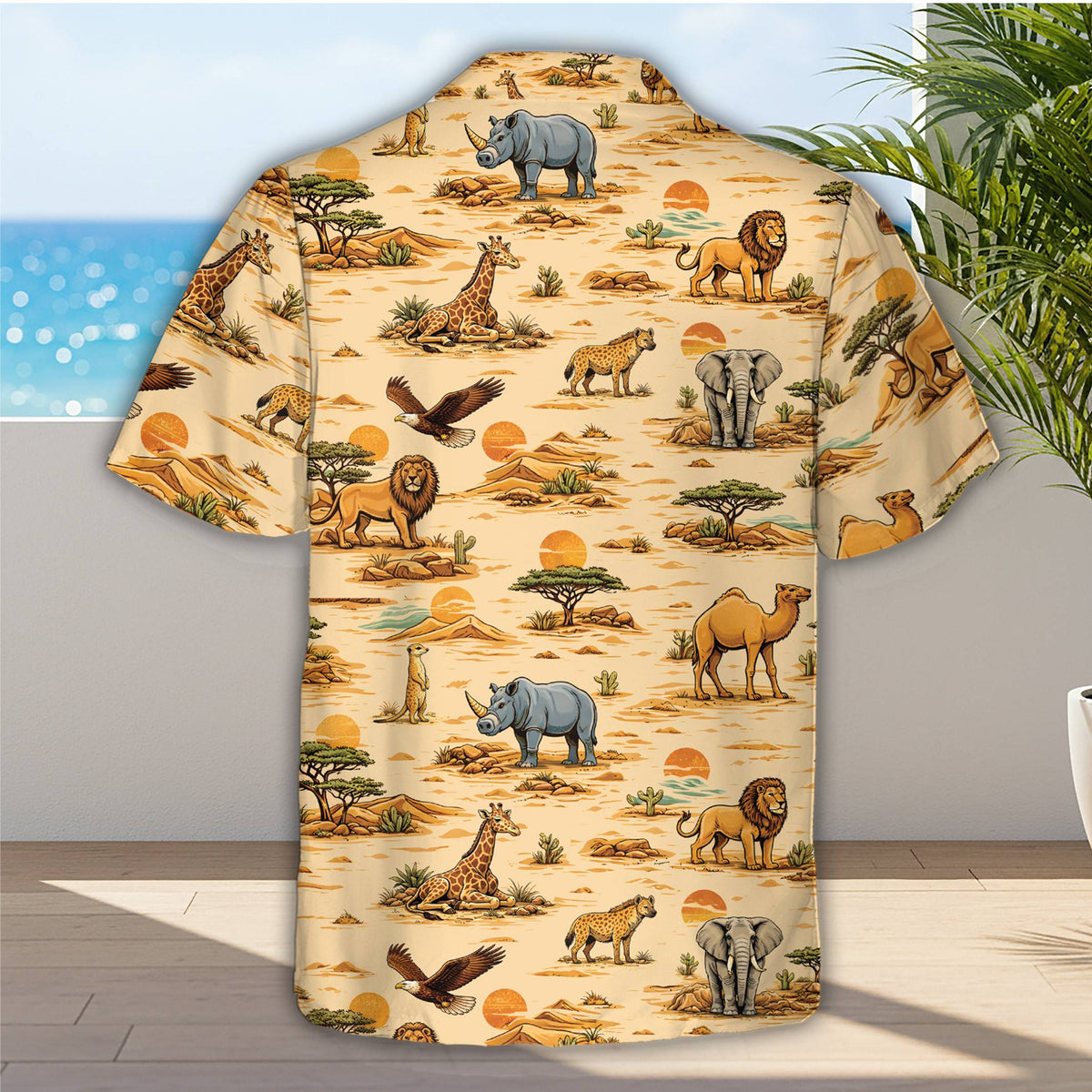 Back view of the wild animals hawaiian shirt with sunset details
