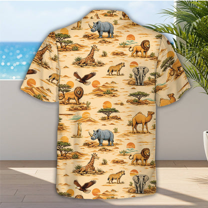 Back view of the wild animals hawaiian shirt with sunset details