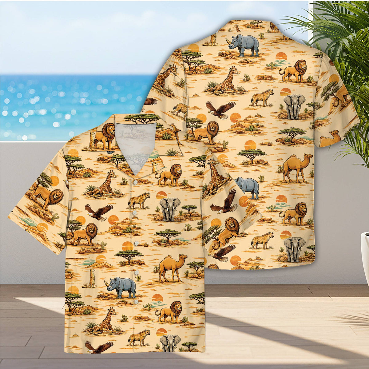 Front view of the beige wild hawaiian shirt showing elephants and lions