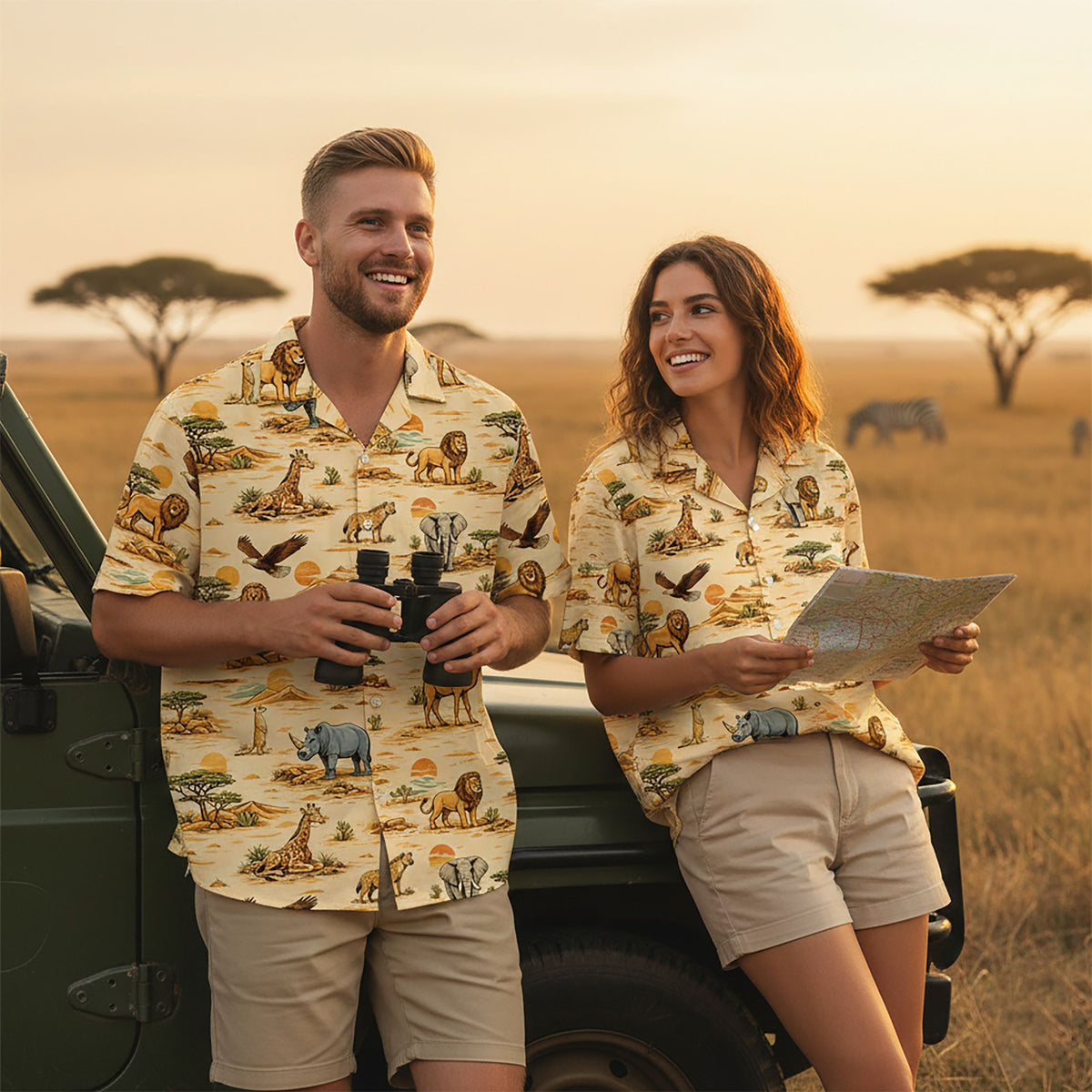 Adult modeling the beige wild hawaiian shirt in a lifestyle setting