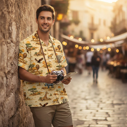 Close up lifestyle view of the savanna landscape on the hawaiian shirt