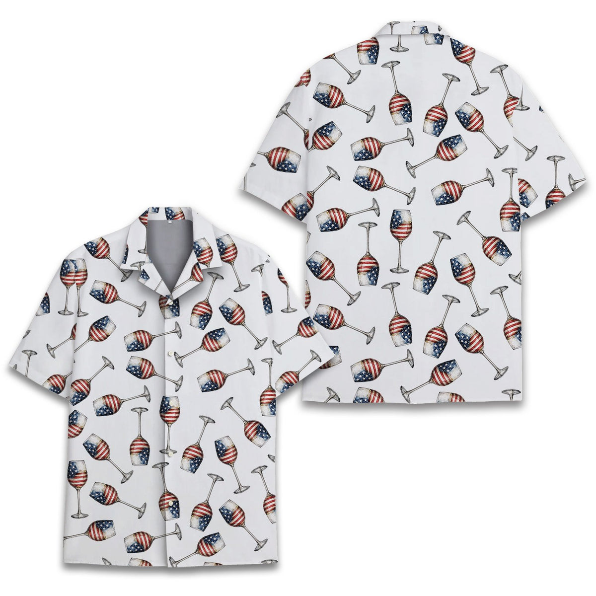 Detailed front view of the matching family hawaiian shirts in American flag wine theme