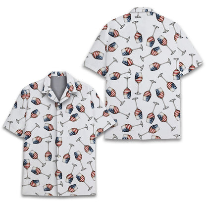 Detailed front view of the matching family hawaiian shirts in American flag wine theme