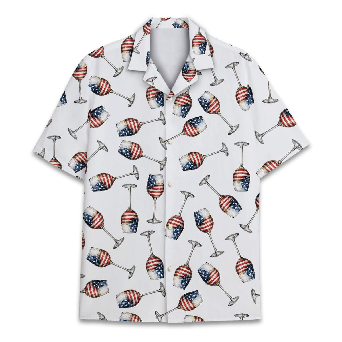 Close up front view of the holiday hawaiian shirt pattern with red, white, and blue accents