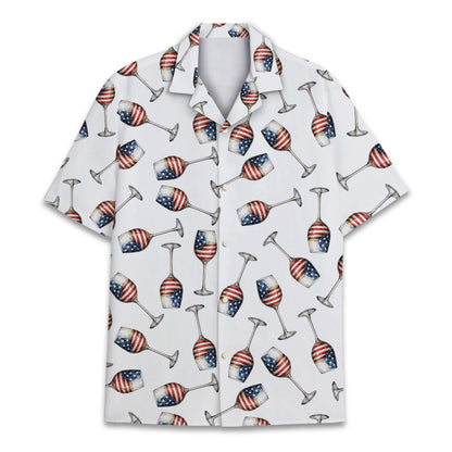 Close up front view of the holiday hawaiian shirt pattern with red, white, and blue accents