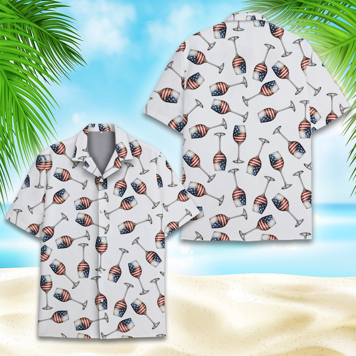 Front view of the white wine hawaiian shirt with patriotic holiday design