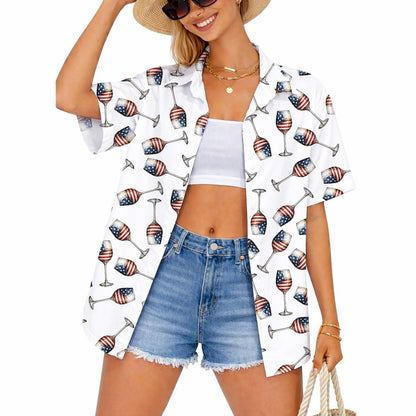 Lifestyle view of the wine and American flag matching family hawaiian shirt being worn