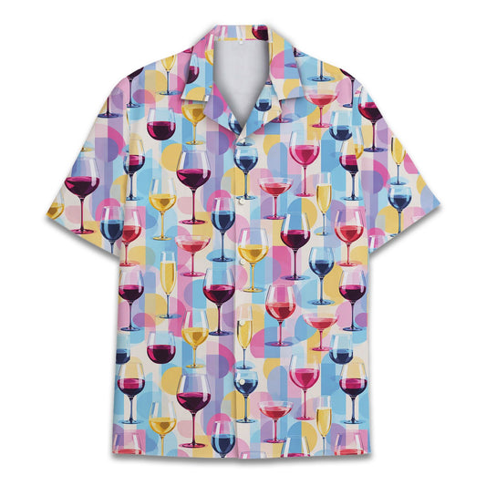 Multicolor wine hawaiian shirt with geometric pattern on display