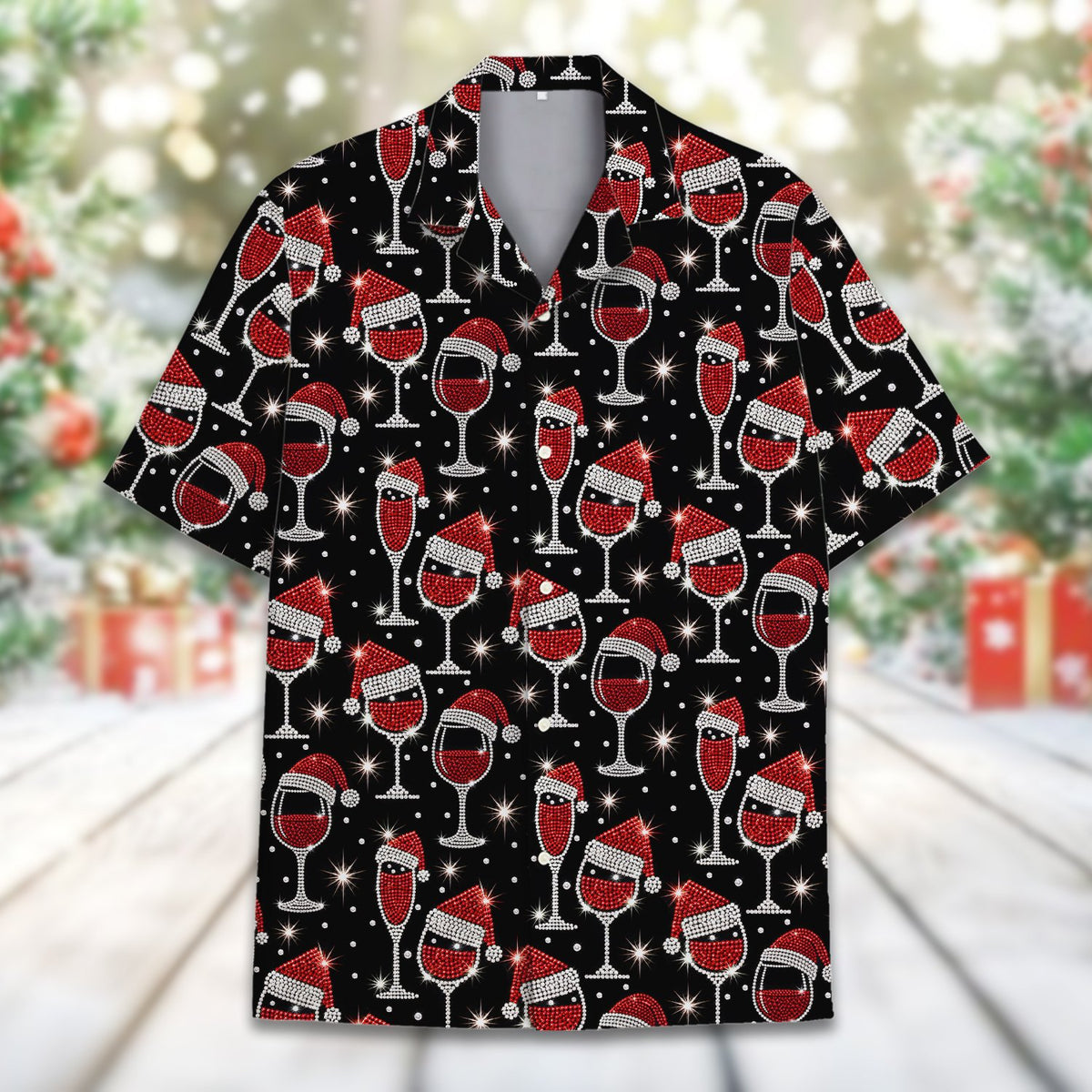 Detailed front view of the wine glasses and Santa hats pattern