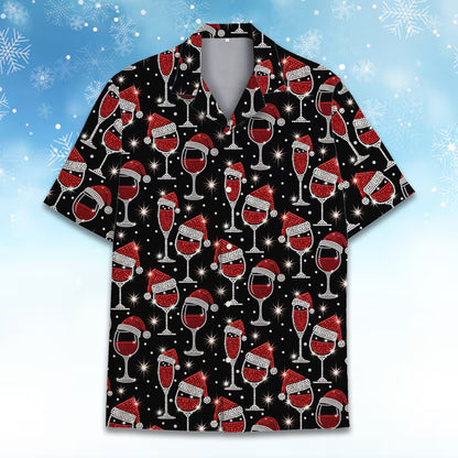 Matching family hawaiian shirts featuring wine glasses and Santa hats