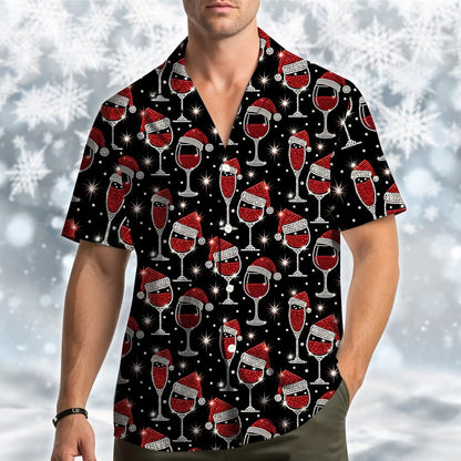Third lifestyle view of the holiday wine hawaiian shirt