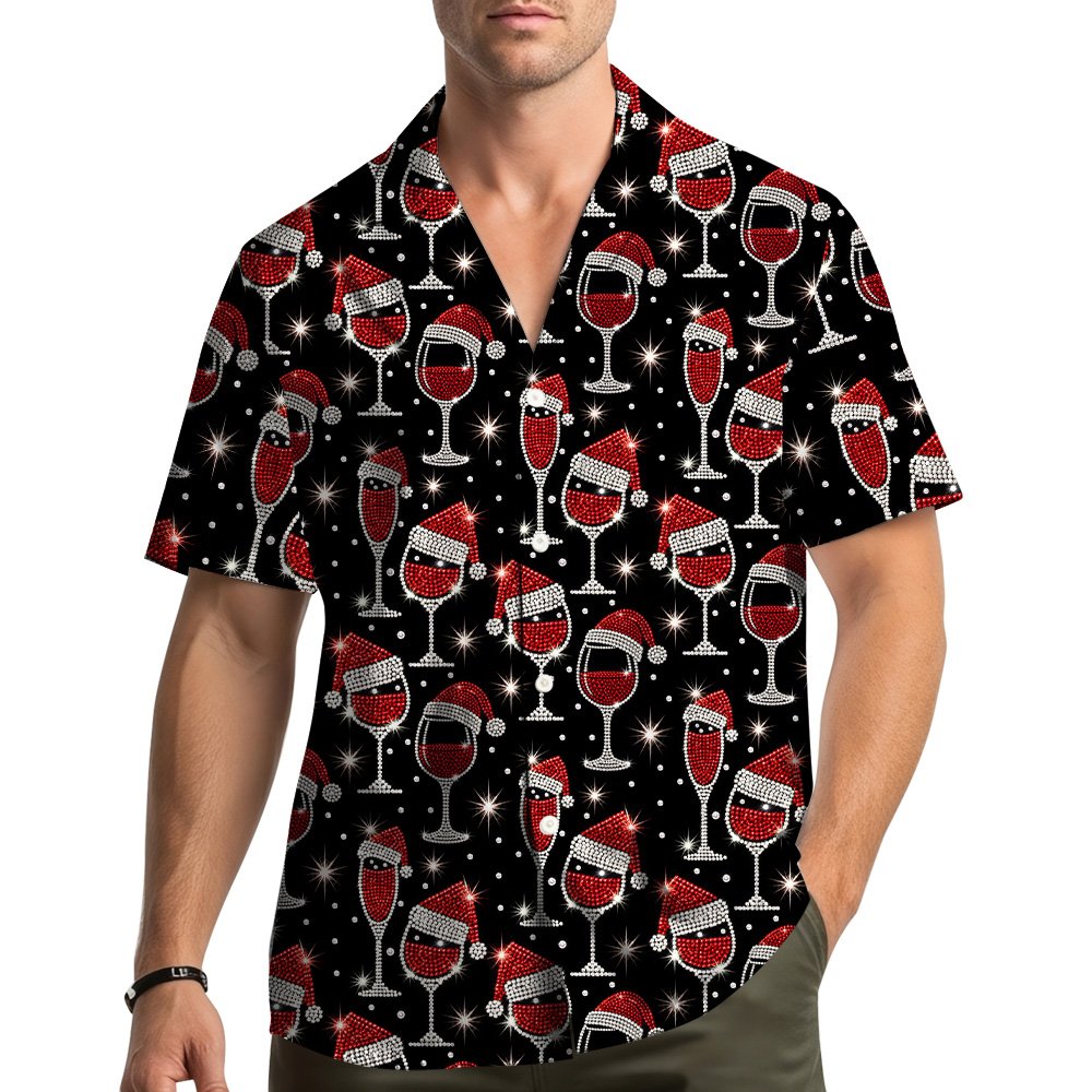 Lifestyle view of someone wearing the Christmas wine hawaiian shirt