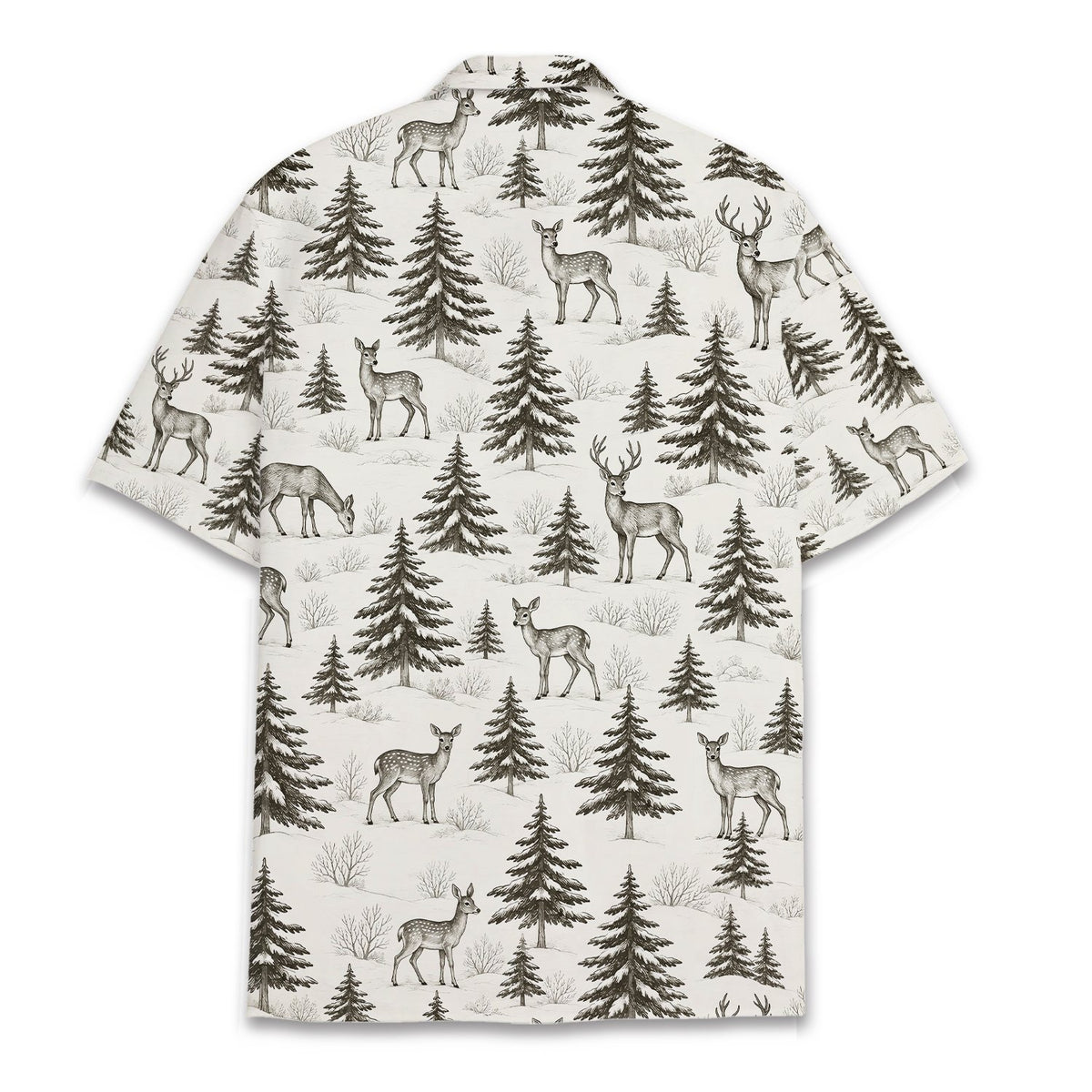 Detailed back view of the winter woodland hawaiian shirt