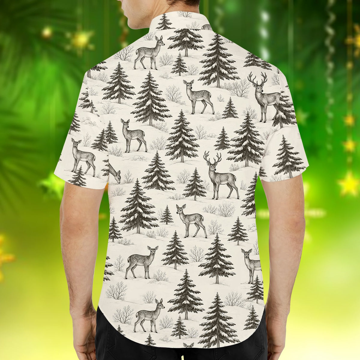 Back view of the woodland hawaiian shirt