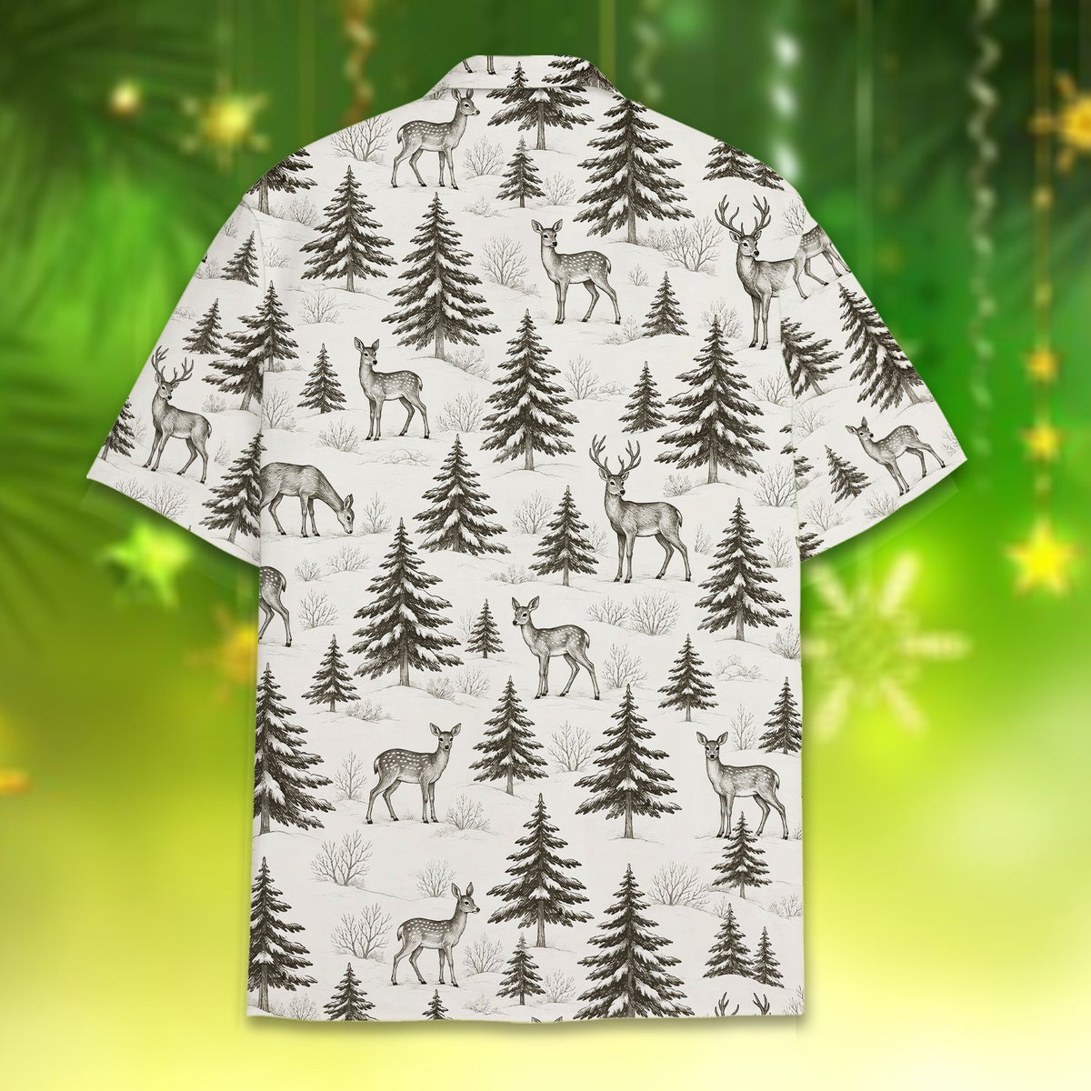 Back view of the white winter hawaiian shirt, alternate angle