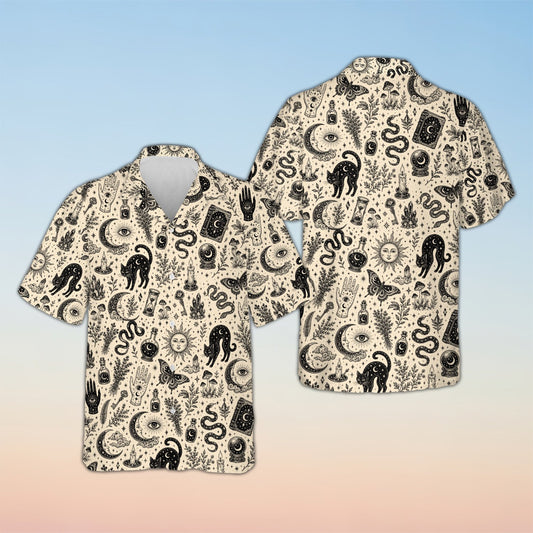 Matching family hawaiian shirts featuring witchcraft and magic mystical elements on a beige background, main view
