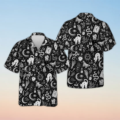 Matching family hawaiian shirts with mystical witchcraft design on a black background, front view