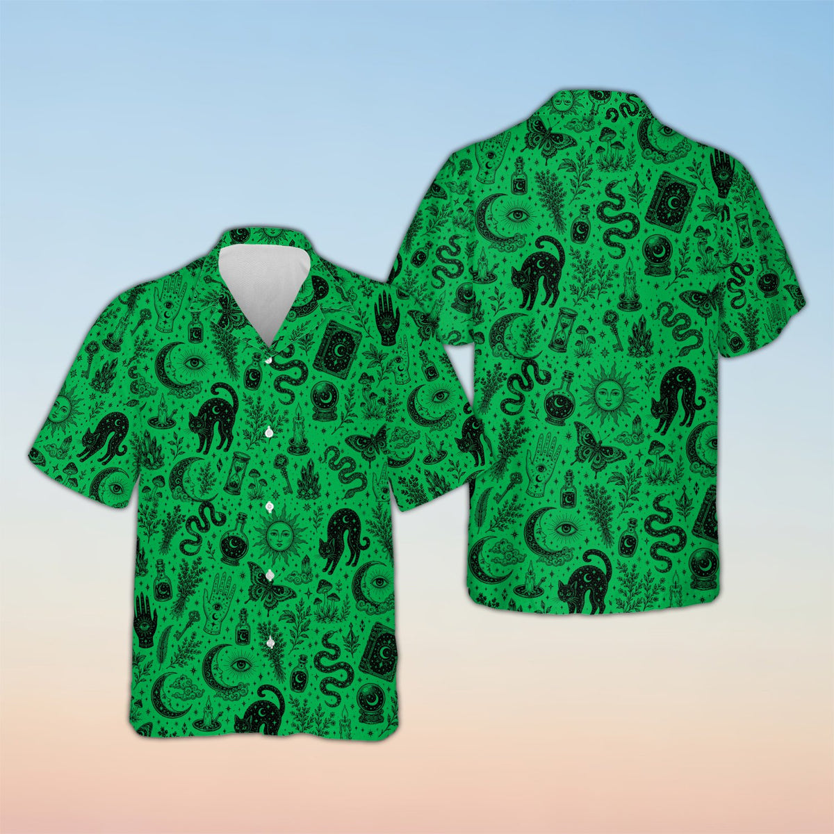 Matching family hawaiian shirts with mystical witchcraft design on a green background, front view