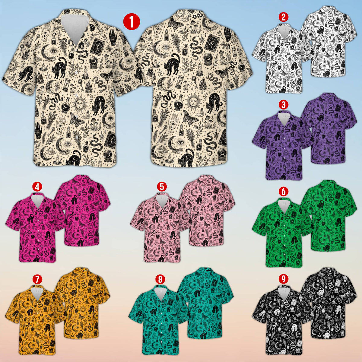 Matching family hawaiian shirts with mystical witchcraft design on a multicolor background, front view