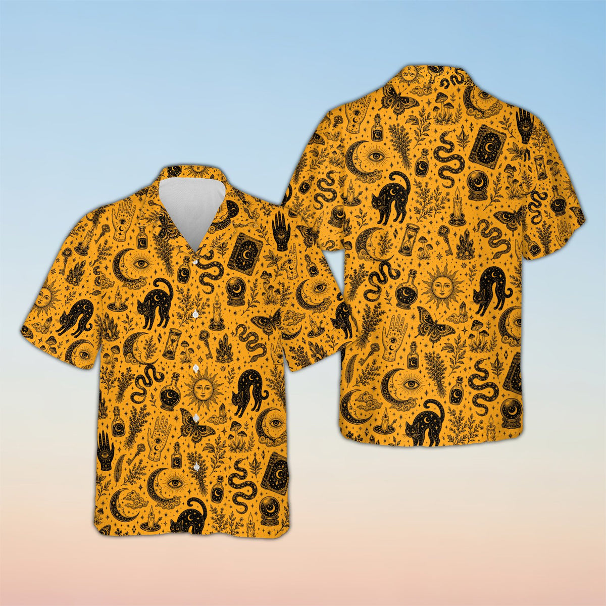 Matching family hawaiian shirts with mystical witchcraft design on an orange background, front view