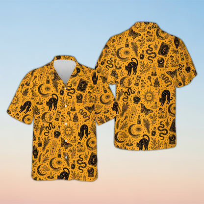 Matching family hawaiian shirts with mystical witchcraft design on an orange background, front view