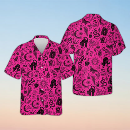 Matching family hawaiian shirts with mystical witchcraft design on a pink background, front view