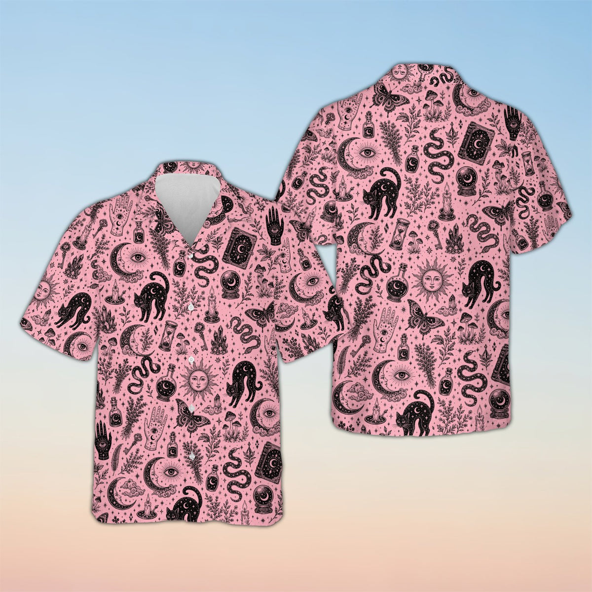 Matching family hawaiian shirts with mystical witchcraft design on an alternate pink background, front view