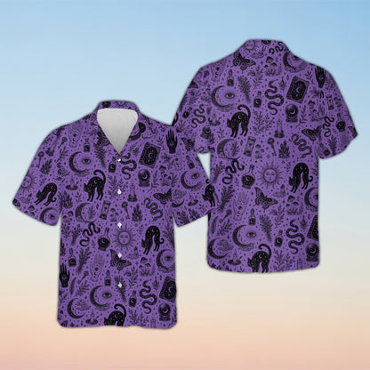 Matching family hawaiian shirts with mystical witchcraft design on a purple background, front view
