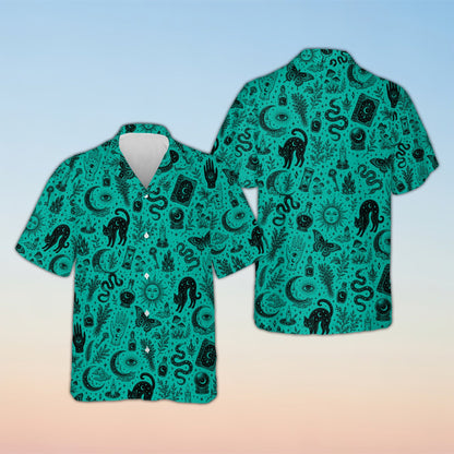 Matching family hawaiian shirts with mystical witchcraft design on a teal background, front view