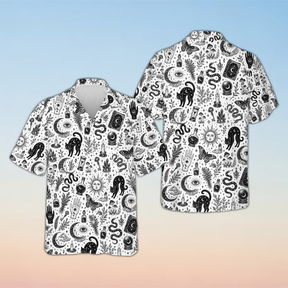 Matching family hawaiian shirts with mystical witchcraft design on a white background, front view