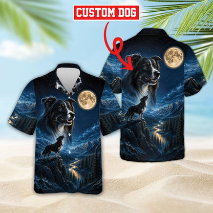 Personalized navy wolf hawaiian shirt with custom name, front view