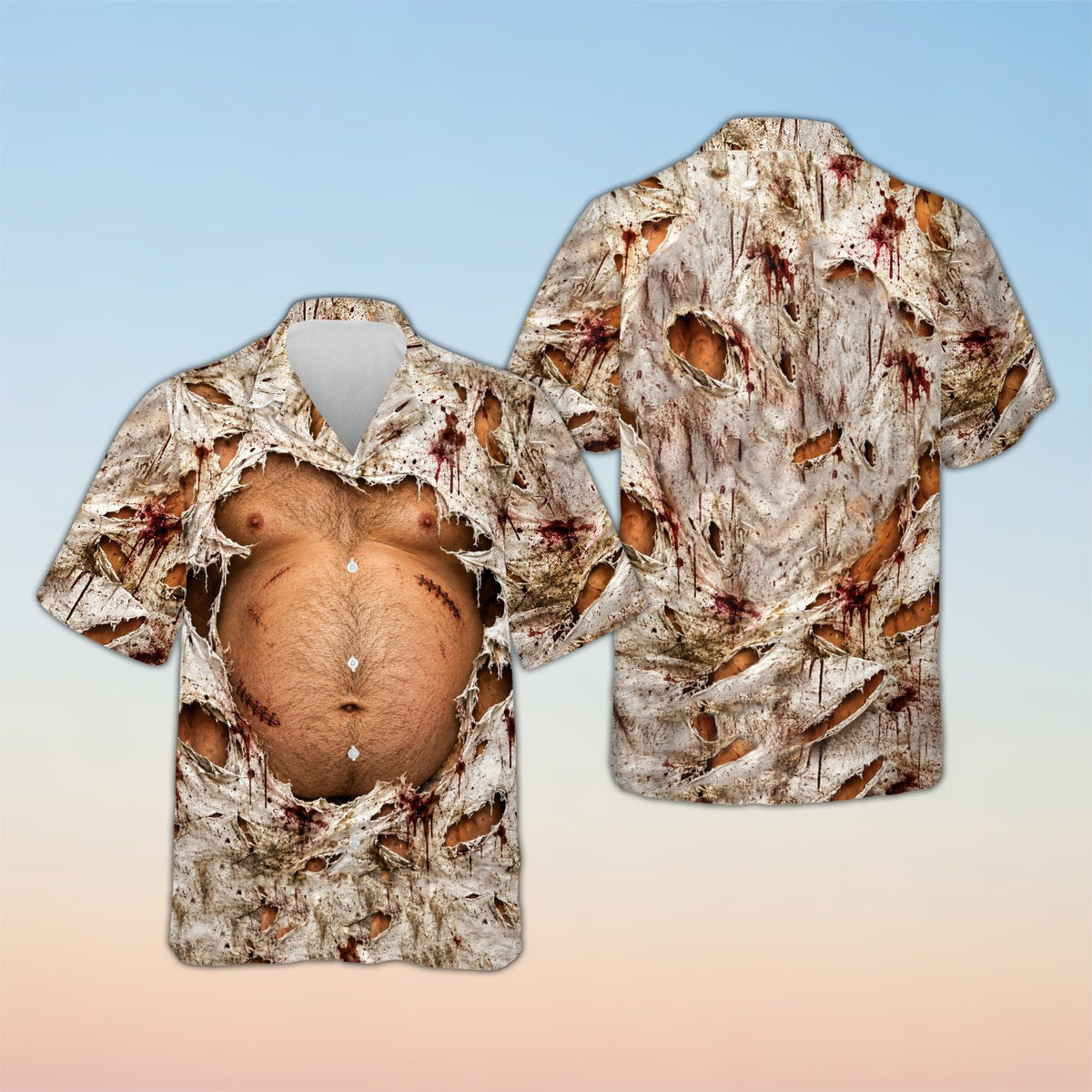 Front view of the custom photo hawaiian shirt showing torn zombie flesh design