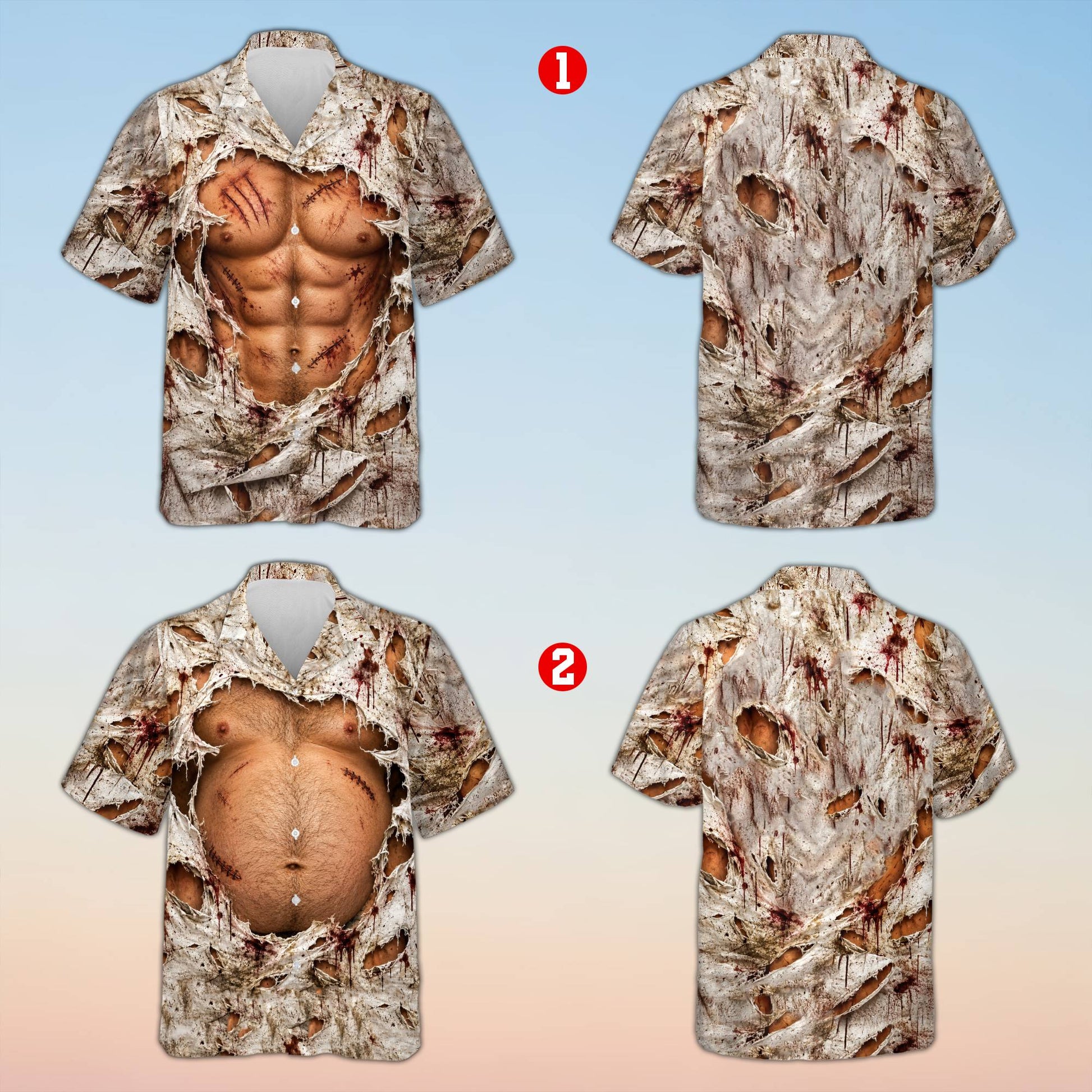 Back view of the torn blood-stained zombie hawaiian shirt