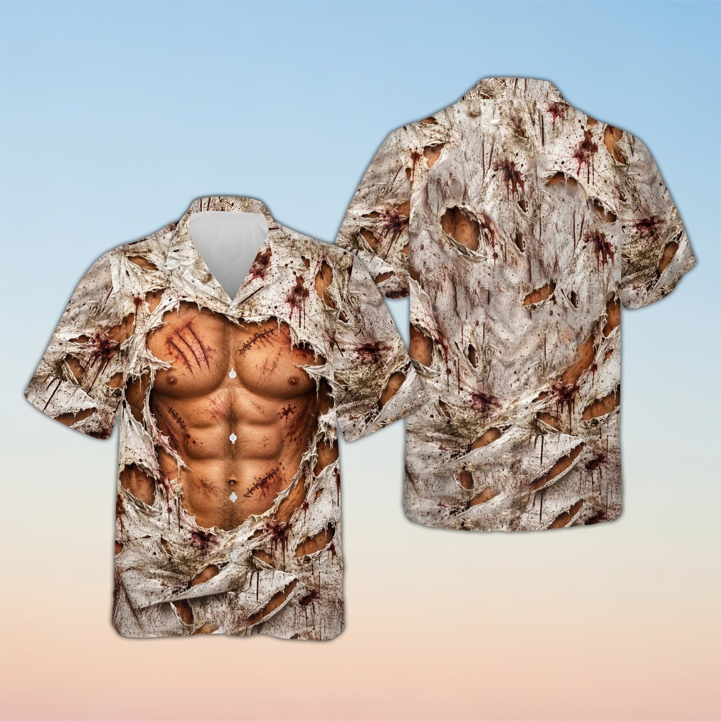 Alternative view of the matching family hawaiian shirts with zombie design