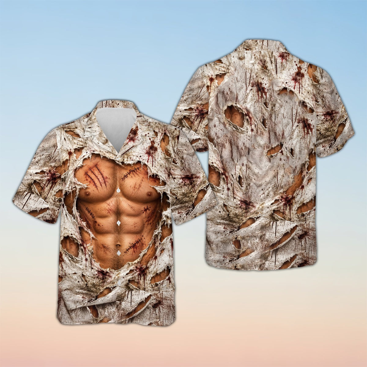 Alternative view of the matching family hawaiian shirts with zombie design