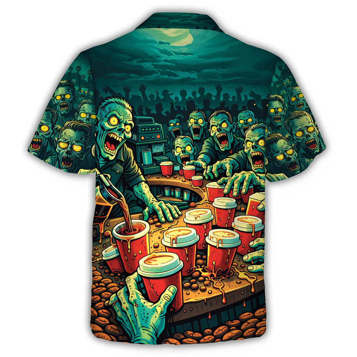 Back view of the zombies hawaiian shirt with all-over print
