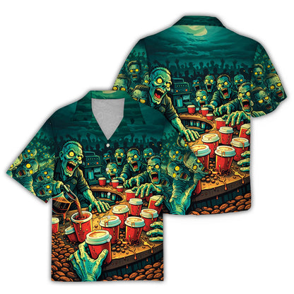 Front view of the green zombies hawaiian shirt featuring undead characters