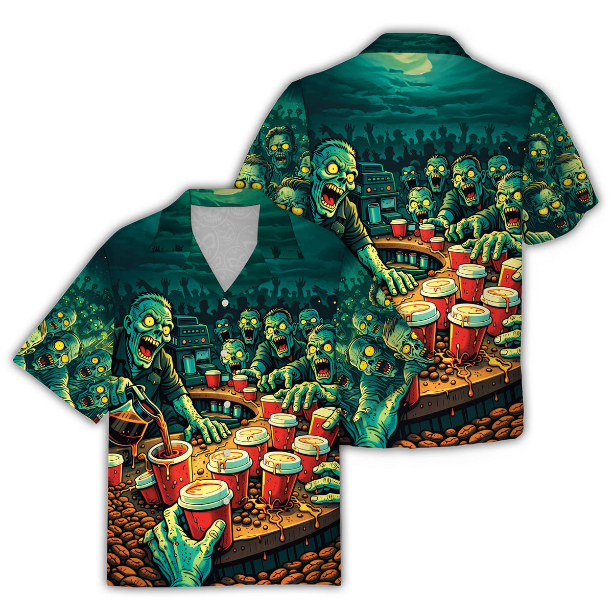Green zombies hawaiian shirt with red cups and coffee beans, main view