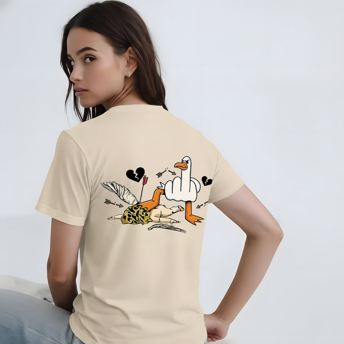 Third lifestyle view showing the anti-valentine's day t-shirt in beige surroundings